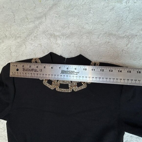 St. John Evening Knit Mini Sheath Sweater Dress Sz 2 Mock Neck Embellished Black - Picture 7 of 12